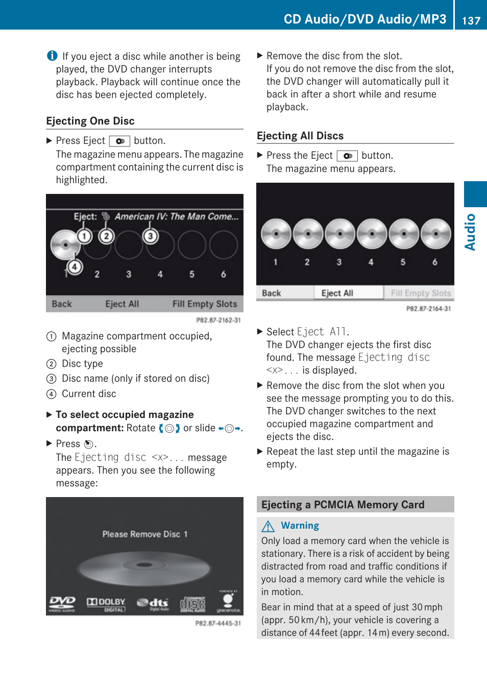 Ejecting a pcmcia memory card, Audio, Cd audio/dvd audio/mp3 | Mercedes-Benz E-Coupe 2010 COMAND Manual User Manual | Page 139 / 224