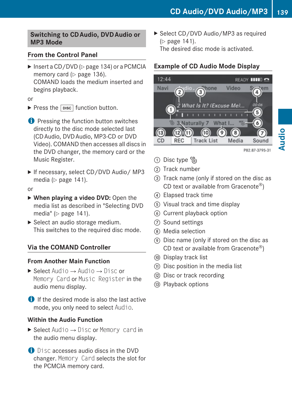 Switching to cd audio, dvd audio or mp3 mode, Audio, Cd audio/dvd audio/mp3 | Mercedes-Benz E-Coupe 2010 COMAND Manual User Manual | Page 141 / 224
