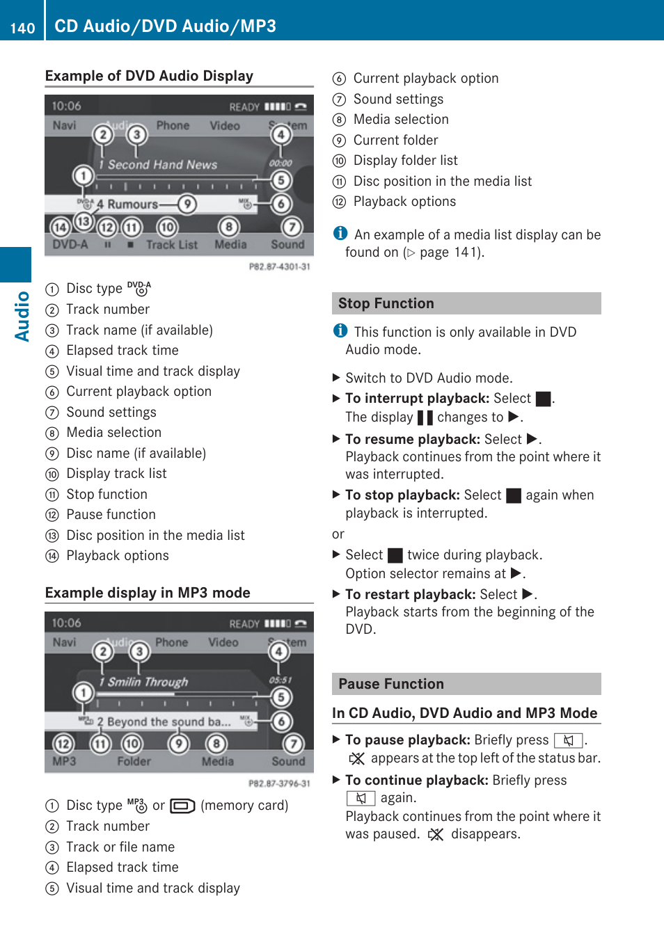 Stop function, Pause function, Audio | Cd audio/dvd audio/mp3 | Mercedes-Benz E-Coupe 2010 COMAND Manual User Manual | Page 142 / 224