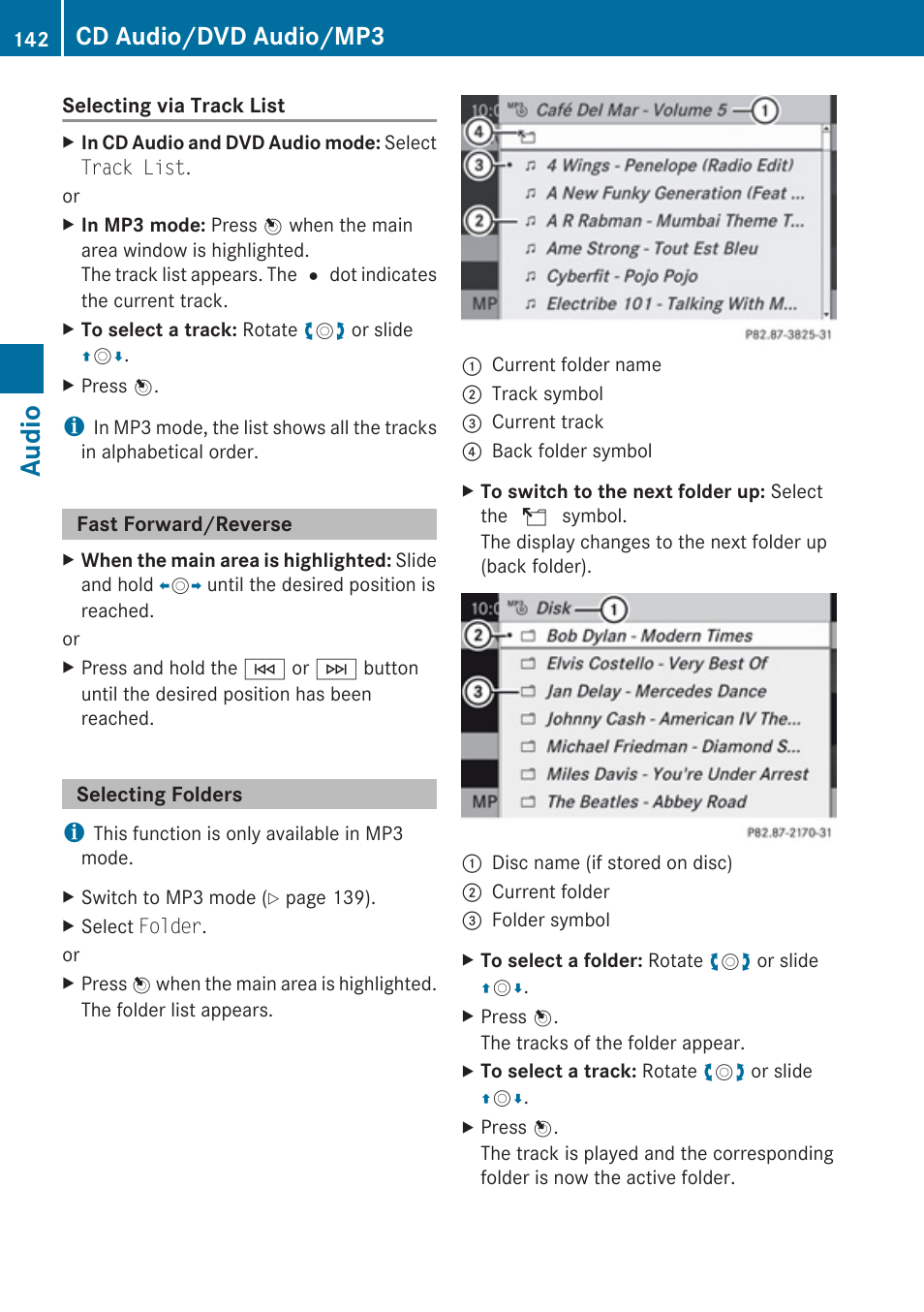 Fast forward/reverse, Selecting folders, Audio | Cd audio/dvd audio/mp3 | Mercedes-Benz E-Coupe 2010 COMAND Manual User Manual | Page 144 / 224