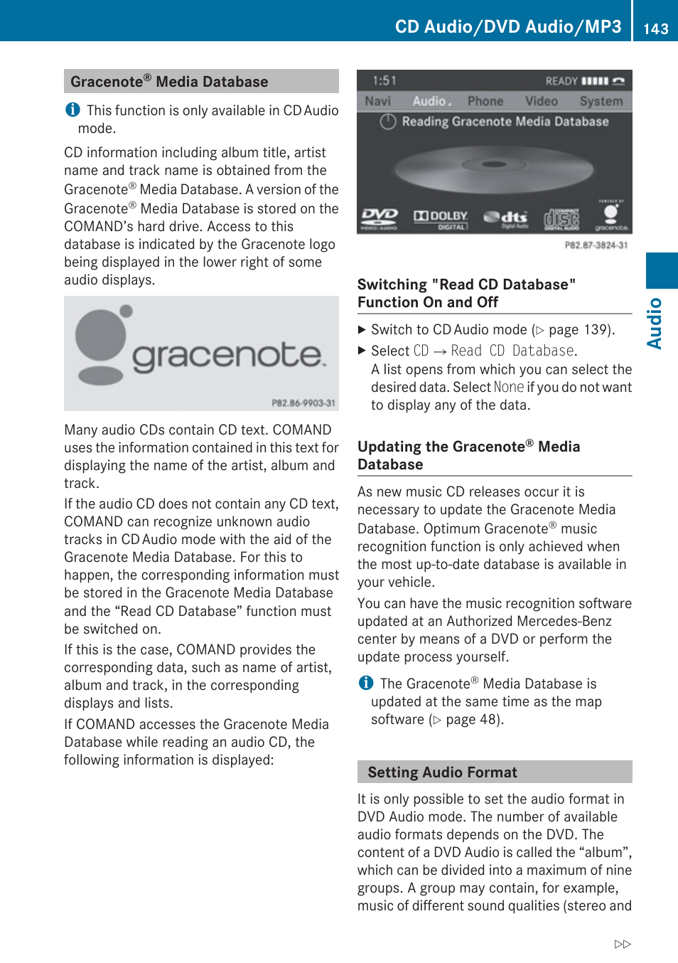 Gracenote® media database, Setting audio format, Audio | Cd audio/dvd audio/mp3 | Mercedes-Benz E-Coupe 2010 COMAND Manual User Manual | Page 145 / 224