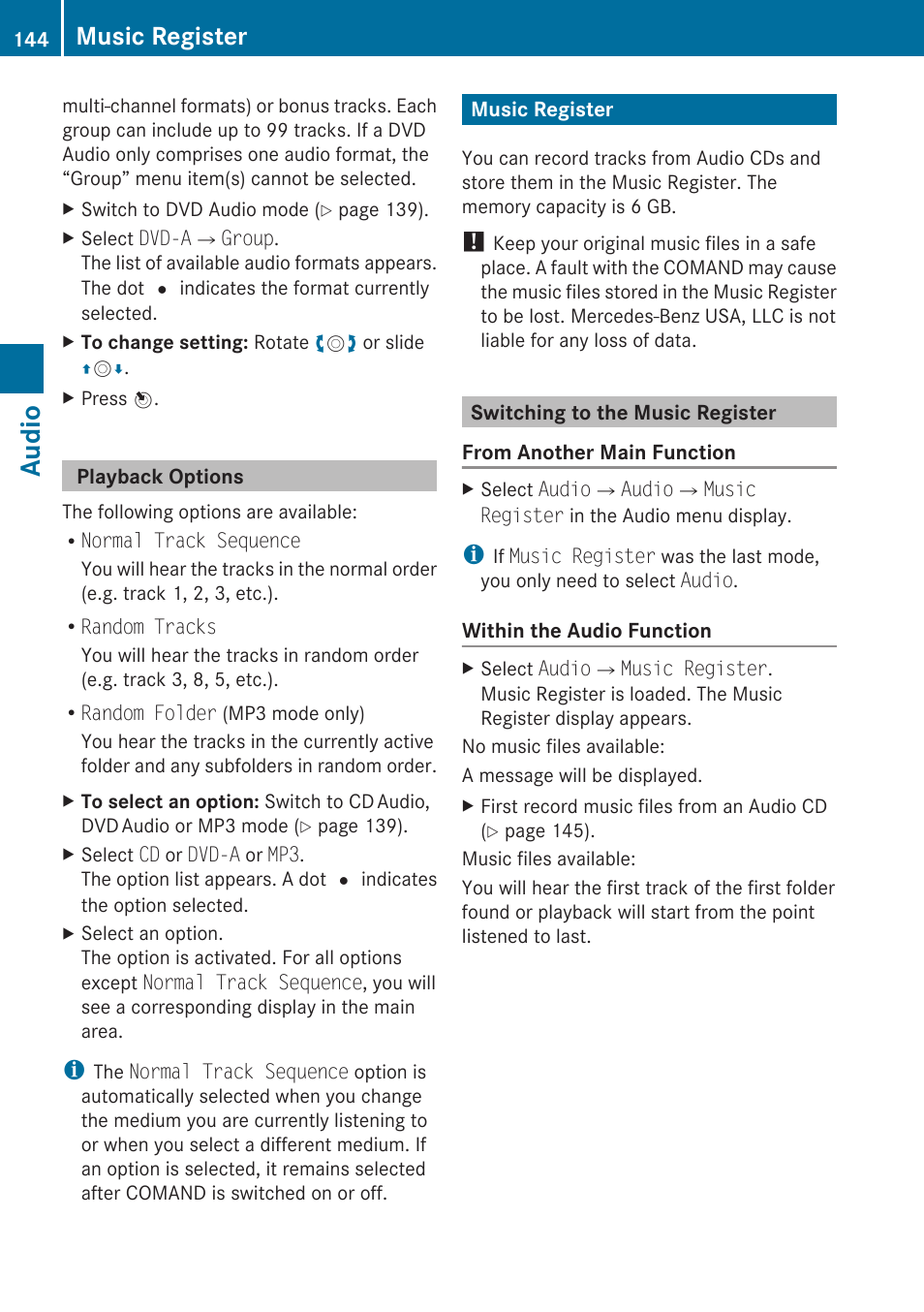 Playback options, Music register, Switching to the music register | Audio | Mercedes-Benz E-Coupe 2010 COMAND Manual User Manual | Page 146 / 224