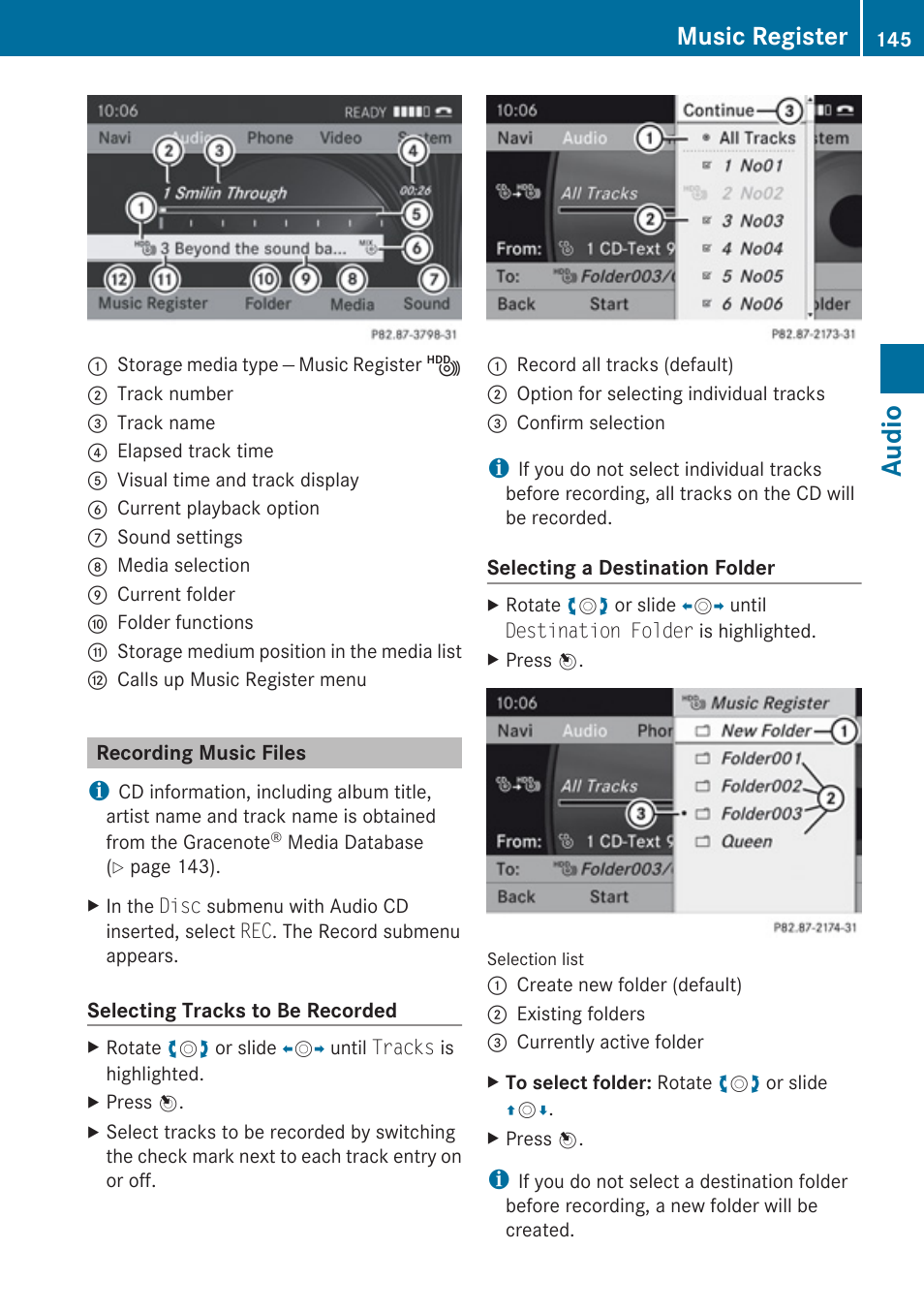 Recording music files, Audio, Music register | Mercedes-Benz E-Coupe 2010 COMAND Manual User Manual | Page 147 / 224