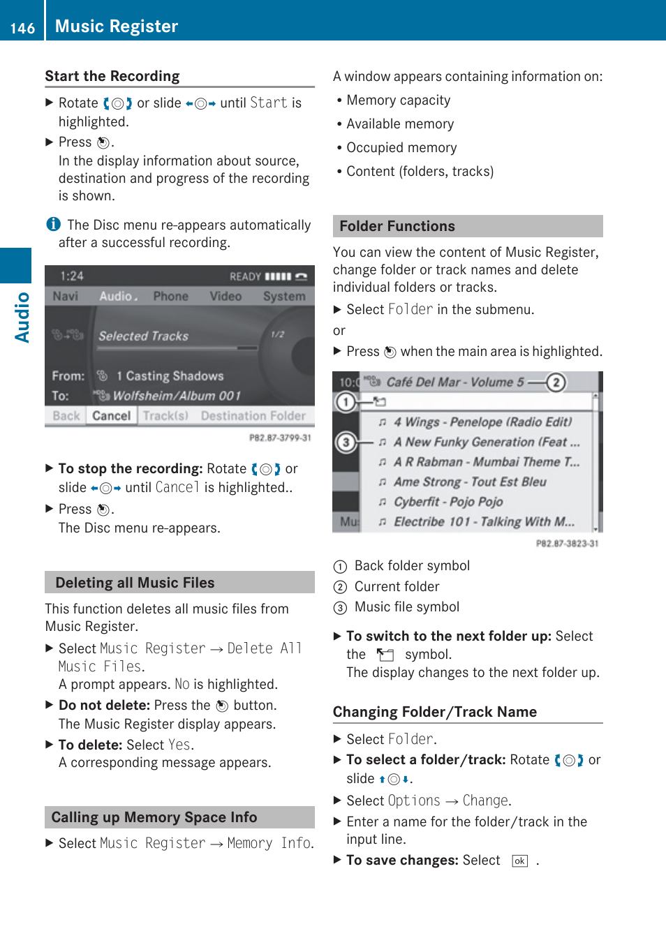 Deleting all music files, Calling up memory space info, Folder functions | Audio, Music register | Mercedes-Benz E-Coupe 2010 COMAND Manual User Manual | Page 148 / 224