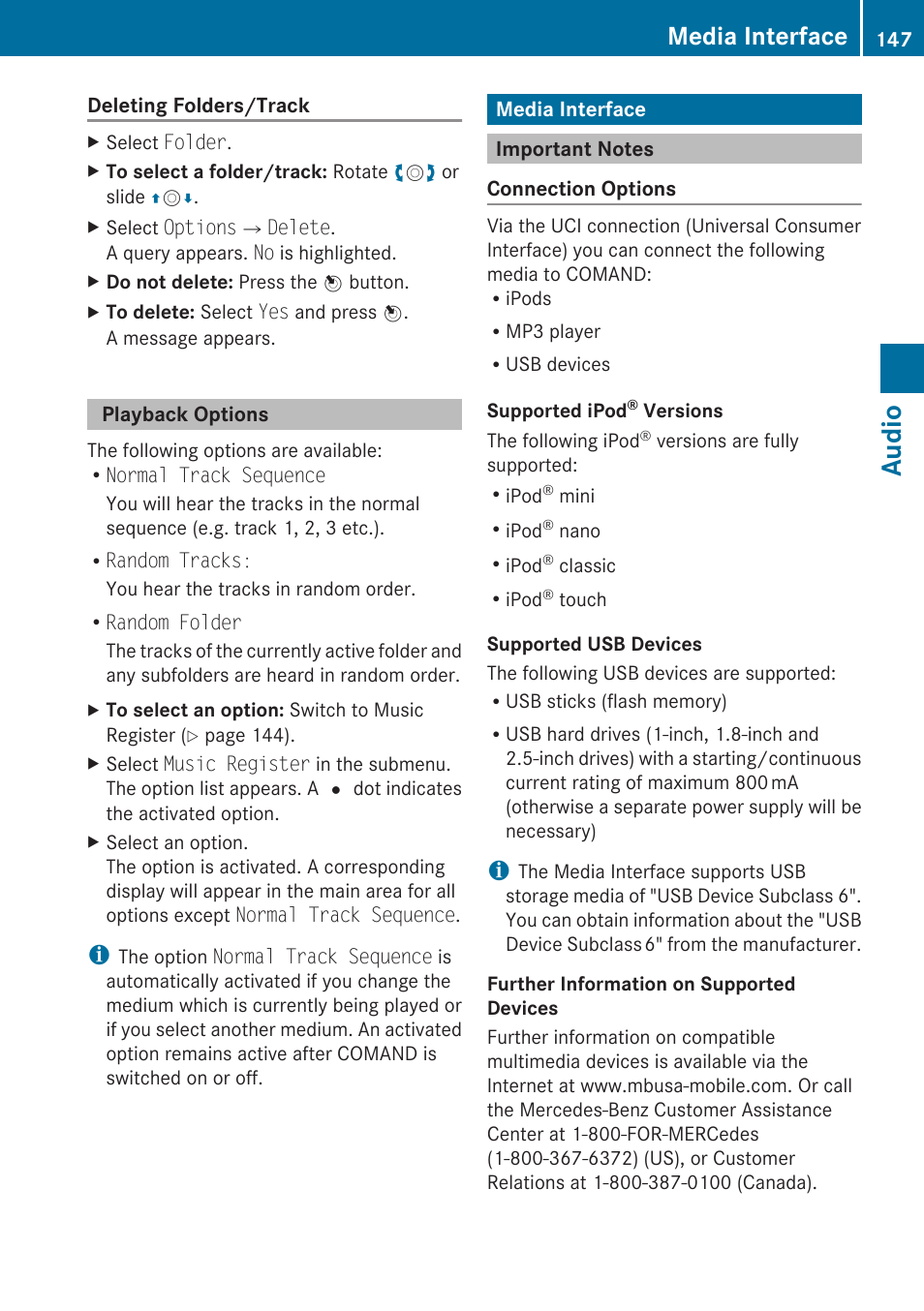 Playback options, Media interface, Important notes | Audio | Mercedes-Benz E-Coupe 2010 COMAND Manual User Manual | Page 149 / 224