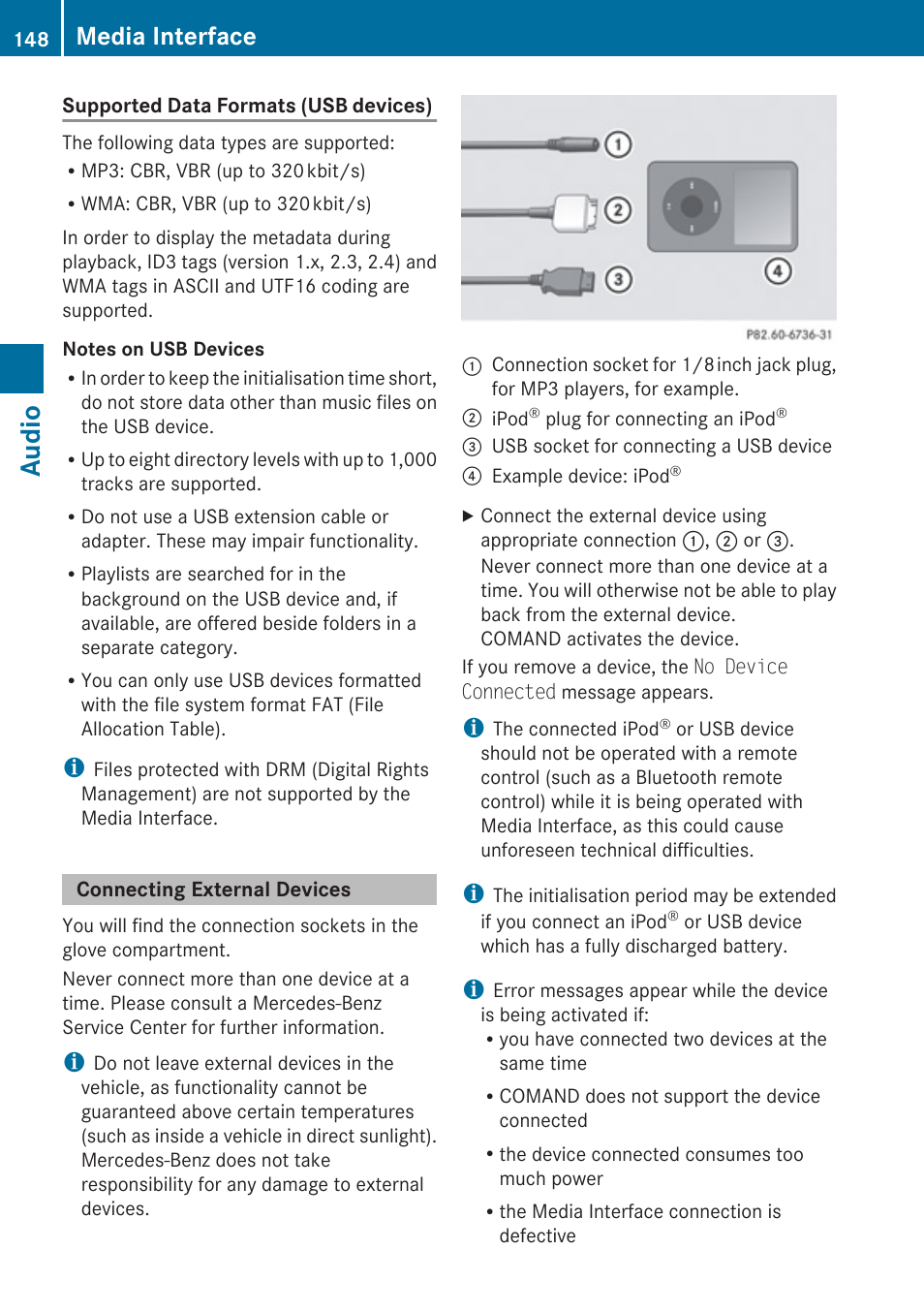 Connecting external devices, Audio, Media interface | Mercedes-Benz E-Coupe 2010 COMAND Manual User Manual | Page 150 / 224