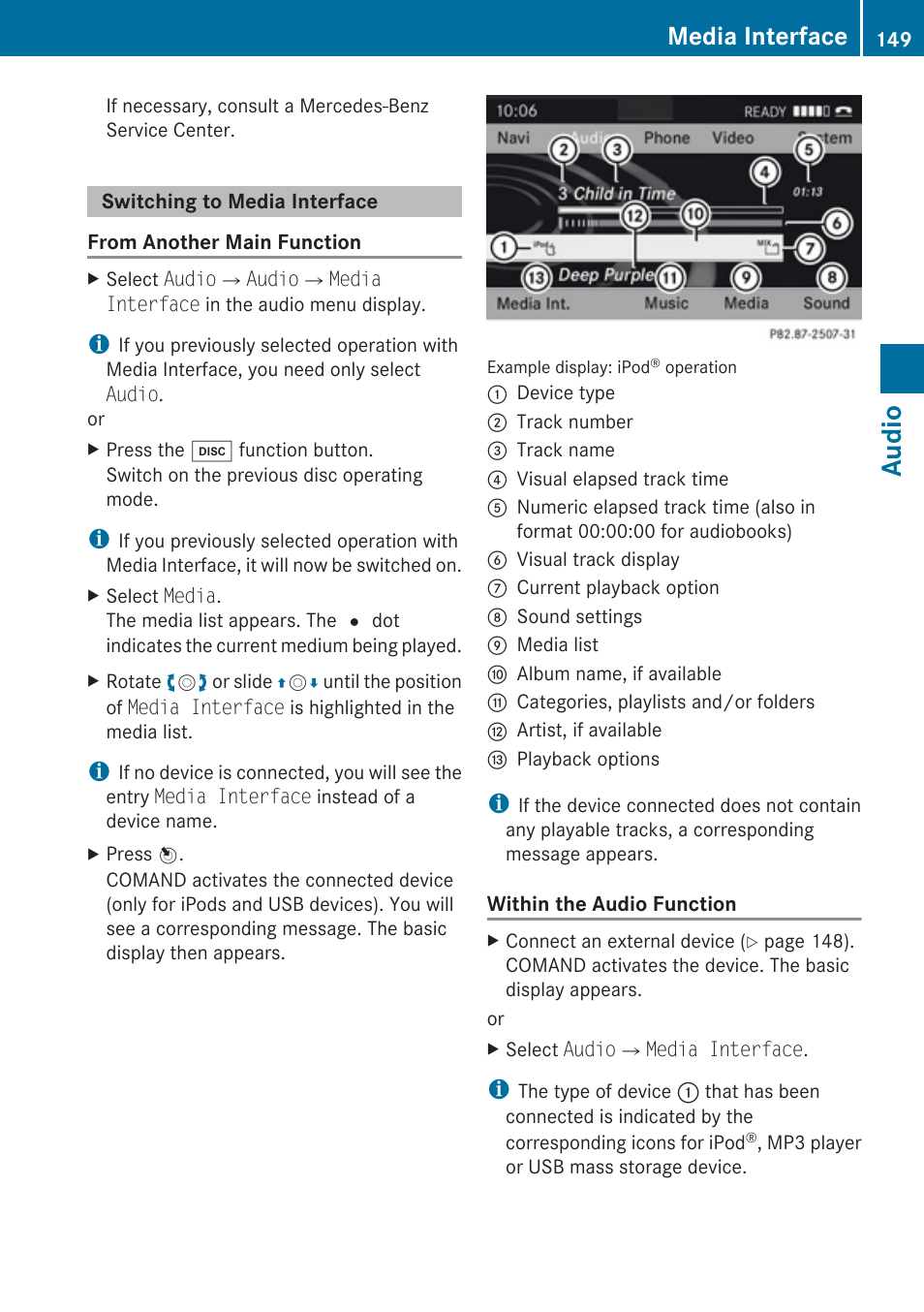 Switching to media interface, Audio, Media interface | Mercedes-Benz E-Coupe 2010 COMAND Manual User Manual | Page 151 / 224