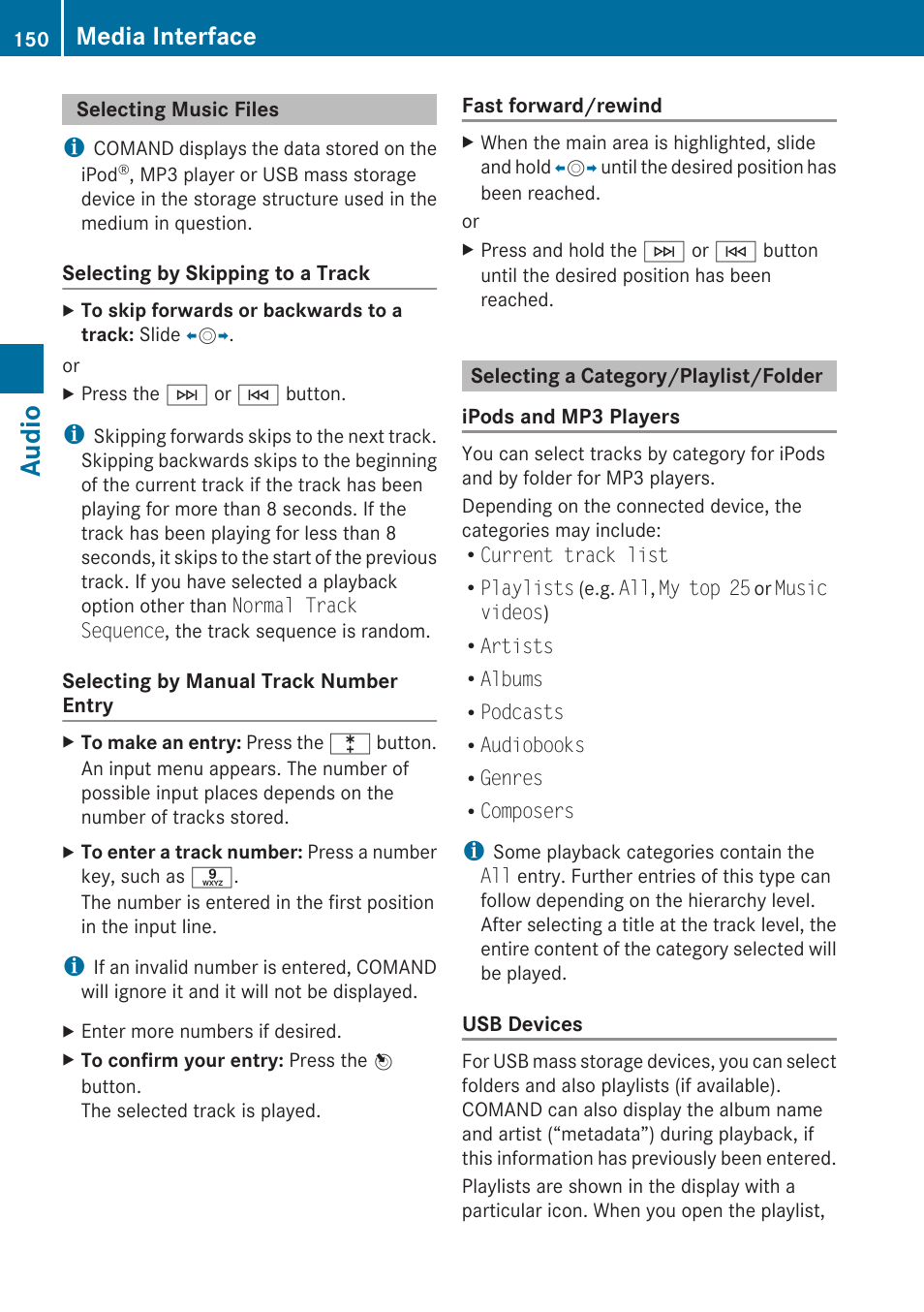 Selecting music files, Selecting a category/playlist/folder, Audio | Media interface | Mercedes-Benz E-Coupe 2010 COMAND Manual User Manual | Page 152 / 224