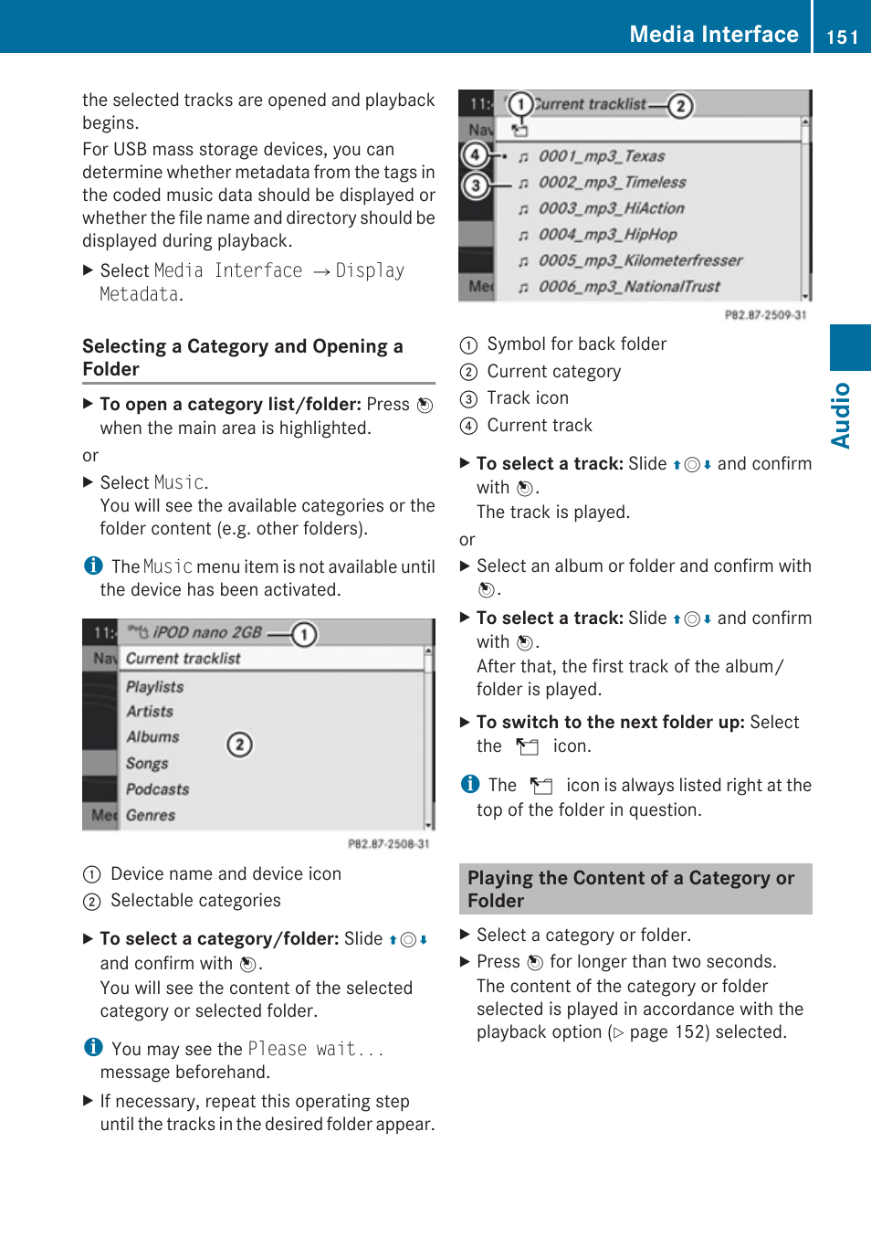 Playing the content of a category or folder, Audio, Media interface | Mercedes-Benz E-Coupe 2010 COMAND Manual User Manual | Page 153 / 224