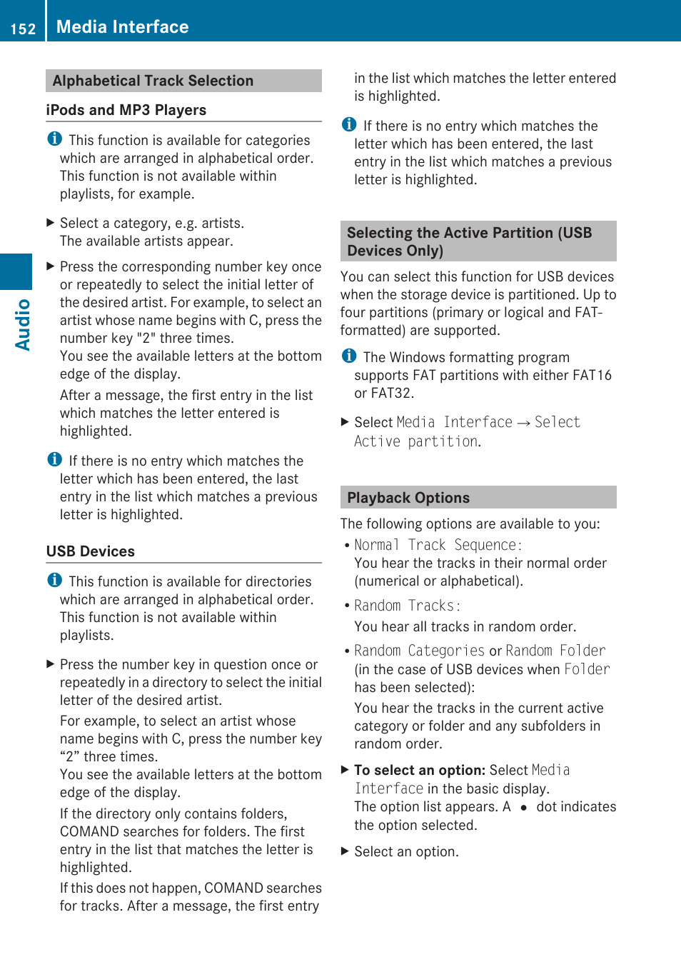 Alphabetical track selection, Selecting the active partition (usb devices only), Playback options | Audio, Media interface | Mercedes-Benz E-Coupe 2010 COMAND Manual User Manual | Page 154 / 224