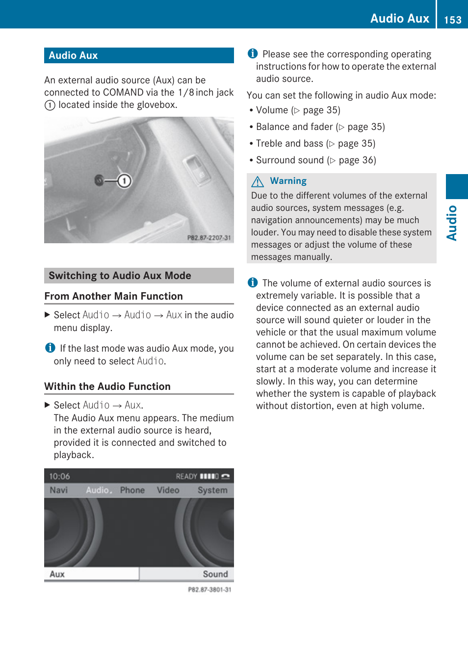 Audio aux, Switching to audio aux mode, Aux mode | Audio | Mercedes-Benz E-Coupe 2010 COMAND Manual User Manual | Page 155 / 224