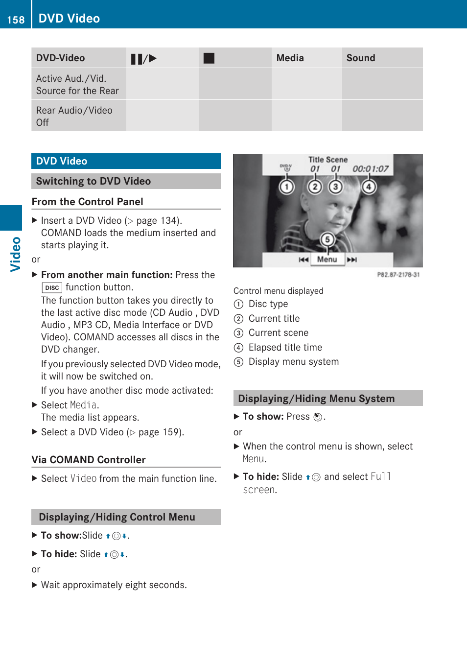 Dvd video, Switching to dvd video, Displaying/hiding control menu | Displaying/hiding menu system, Switches to video mode, Video | Mercedes-Benz E-Coupe 2010 COMAND Manual User Manual | Page 160 / 224