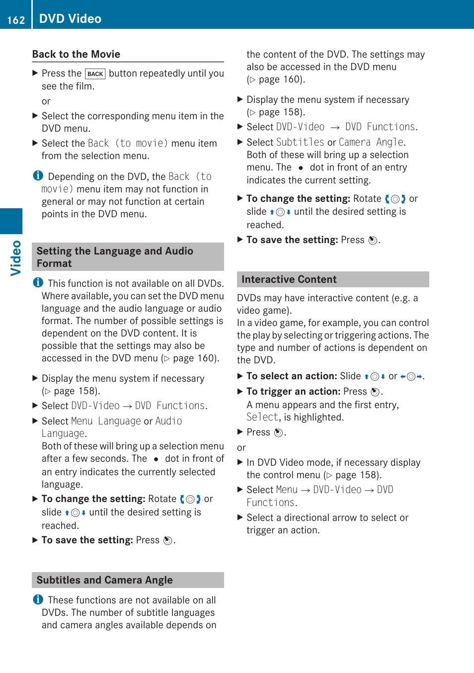 Setting the language and audio format, Subtitles and camera angle, Interactive content | Video, Dvd video | Mercedes-Benz E-Coupe 2010 COMAND Manual User Manual | Page 164 / 224