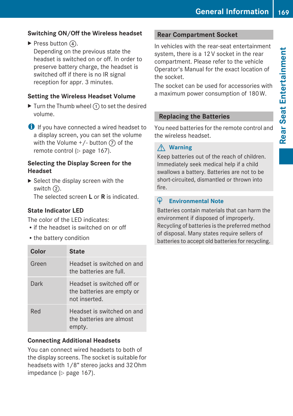 Rear compartment socket, Replacing the batteries, Rear seat entertainment | General information | Mercedes-Benz E-Coupe 2010 COMAND Manual User Manual | Page 171 / 224