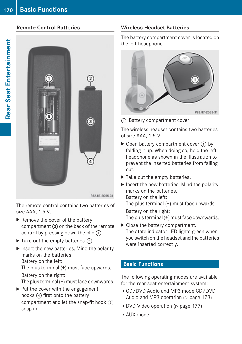 Basic functions, Rear seat entertainment | Mercedes-Benz E-Coupe 2010 COMAND Manual User Manual | Page 172 / 224