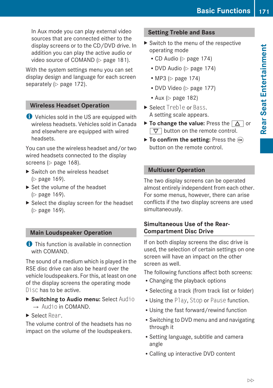 Wireless headset operation, Main loudspeaker operation, Setting treble and bass | Multiuser operation, Rear seat entertainment, Basic functions | Mercedes-Benz E-Coupe 2010 COMAND Manual User Manual | Page 173 / 224