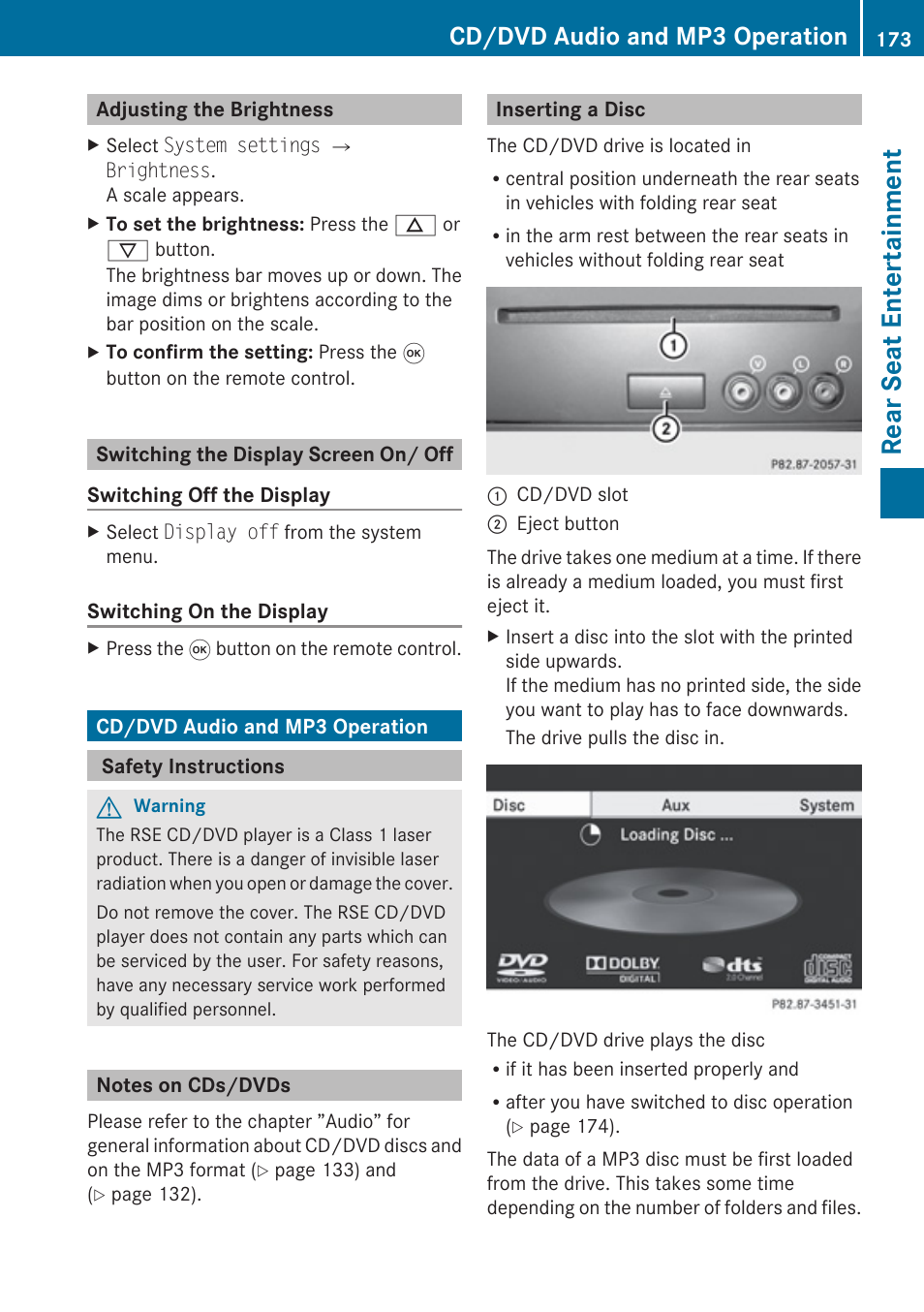 Adjusting the brightness, Switching the display screen on/ off, Cd/dvd audio and mp3 operation | Safety instructions, Notes on cds/dvds, Inserting a disc, Audio and mp3 operation, Rear seat entertainment | Mercedes-Benz E-Coupe 2010 COMAND Manual User Manual | Page 175 / 224