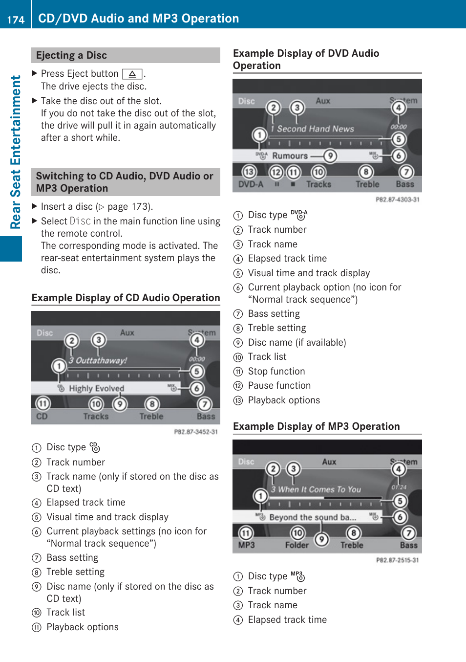 Ejecting a disc, Switching to cd audio, dvd audio or mp3 operation, Cd audio | Dvd audio, Rear seat entertainment, Cd/dvd audio and mp3 operation | Mercedes-Benz E-Coupe 2010 COMAND Manual User Manual | Page 176 / 224