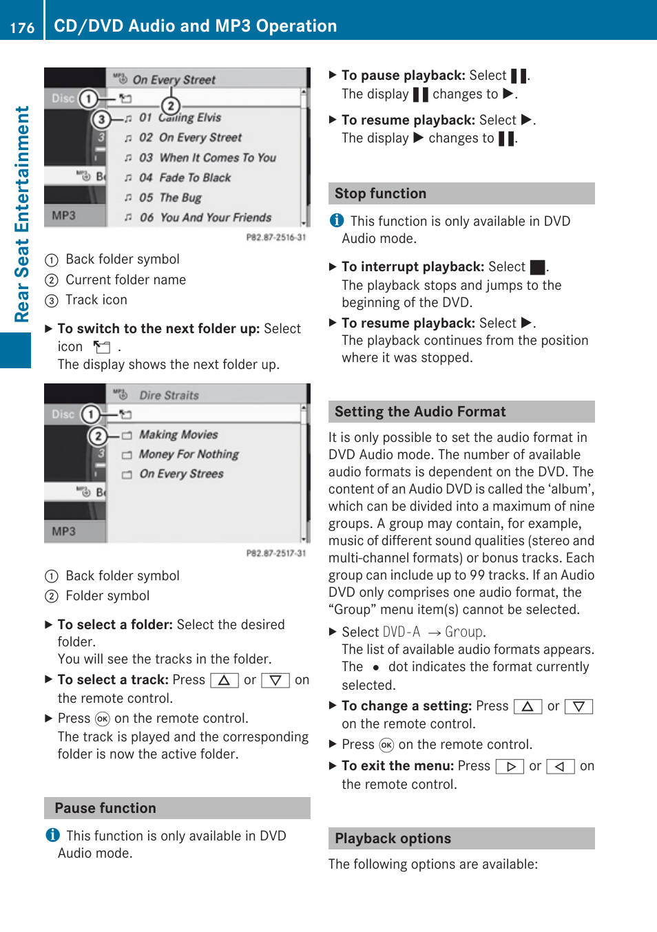 Pause function, Stop function, Setting the audio format | Playback options, Rear seat entertainment, Cd/dvd audio and mp3 operation | Mercedes-Benz E-Coupe 2010 COMAND Manual User Manual | Page 178 / 224