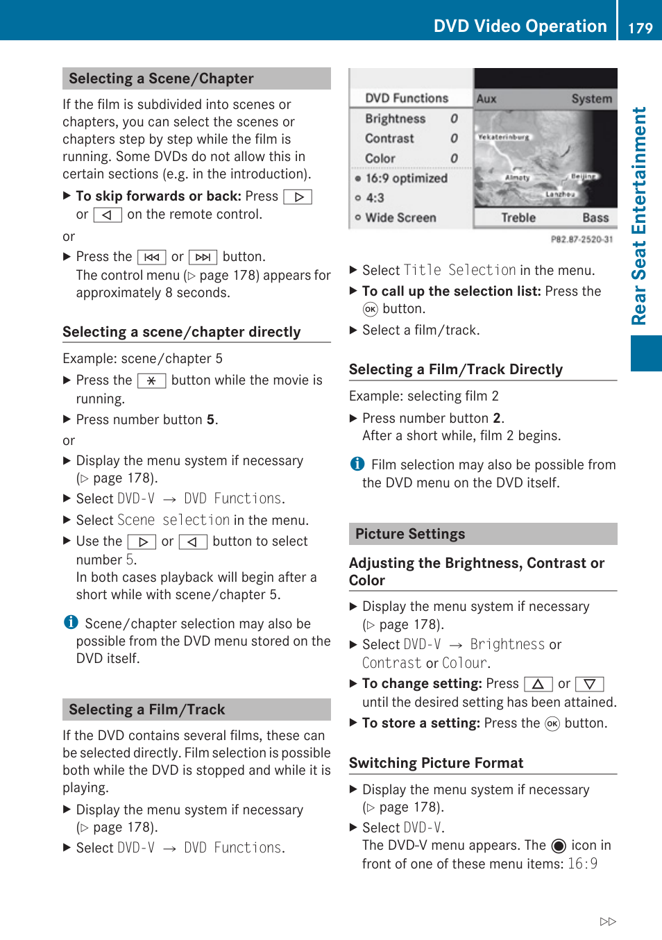 Selecting a scene/chapter, Selecting a film/track, Picture settings | Rear seat entertainment, Dvd video operation | Mercedes-Benz E-Coupe 2010 COMAND Manual User Manual | Page 181 / 224