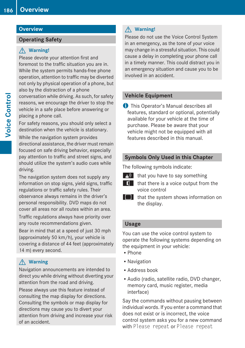 Voice control, Overview, Operating safety | Vehicle equipment, Symbols only used in this chapter, Usage | Mercedes-Benz E-Coupe 2010 COMAND Manual User Manual | Page 188 / 224