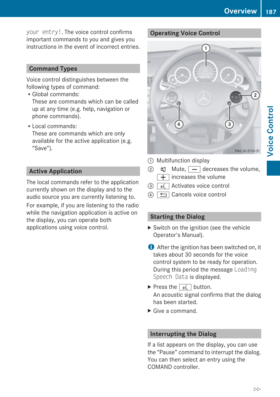 Command types, Active application, Operating voice control | Starting the dialog, Interrupting the dialog, Voice control, Overview | Mercedes-Benz E-Coupe 2010 COMAND Manual User Manual | Page 189 / 224