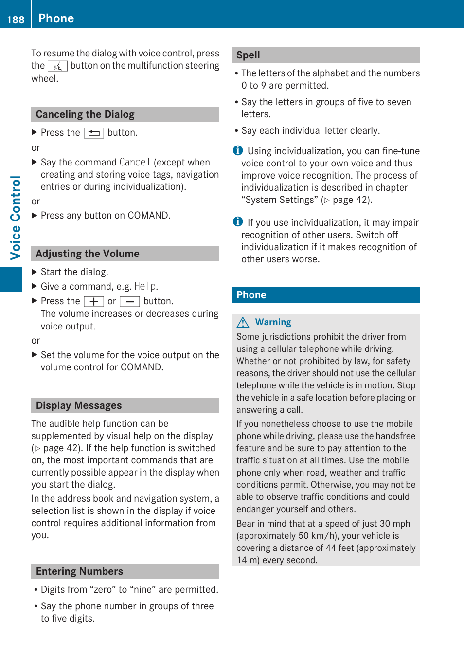 Canceling the dialog, Adjusting the volume, Display messages | Entering numbers, Spell, Phone, Voice control | Mercedes-Benz E-Coupe 2010 COMAND Manual User Manual | Page 190 / 224