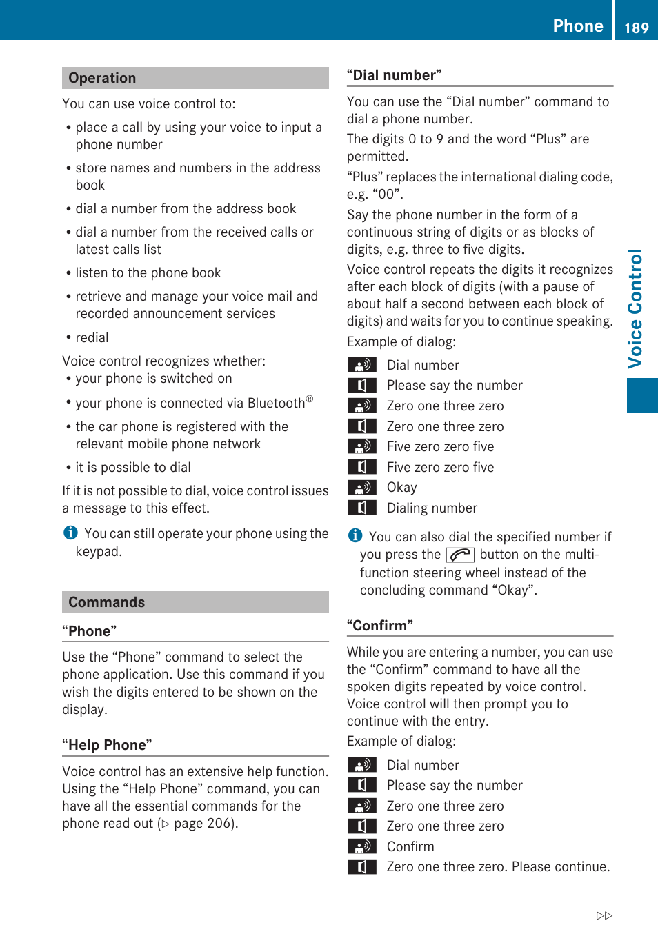 Operation, Commands, Voice control | Phone | Mercedes-Benz E-Coupe 2010 COMAND Manual User Manual | Page 191 / 224