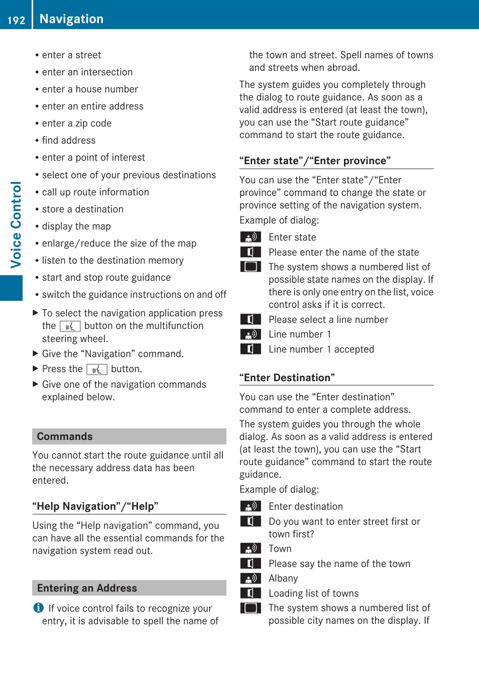 Commands, Entering an address, Voice control | Navigation | Mercedes-Benz E-Coupe 2010 COMAND Manual User Manual | Page 194 / 224