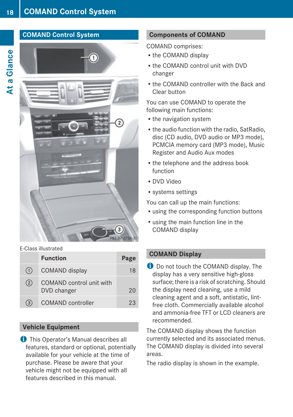 At a glance, Comand control system, Vehicle equipment | Components of comand, Comand display | Mercedes-Benz E-Coupe 2010 COMAND Manual User Manual | Page 20 / 224