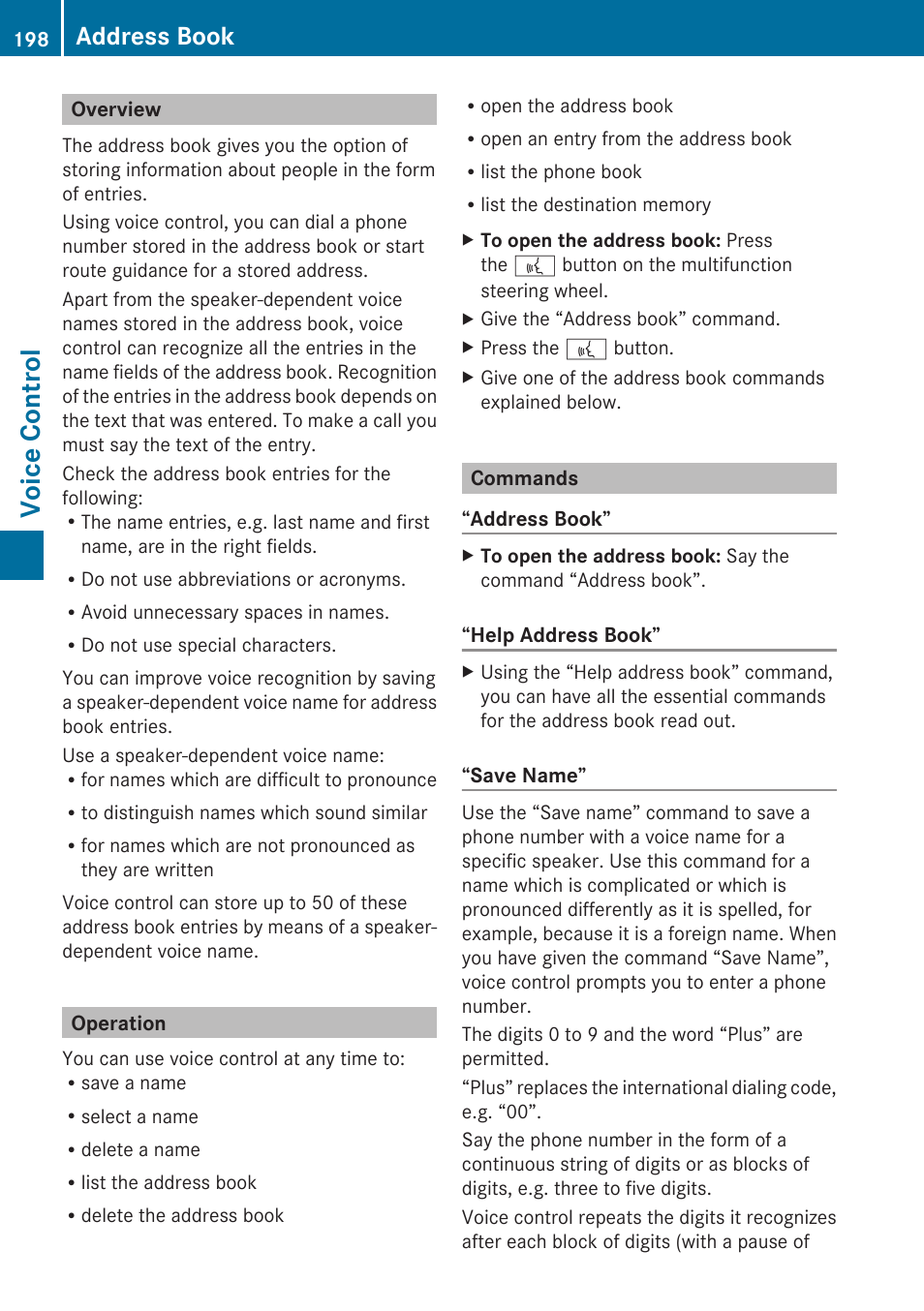 Overview, Operation, Commands | Voice control, Address book | Mercedes-Benz E-Coupe 2010 COMAND Manual User Manual | Page 200 / 224