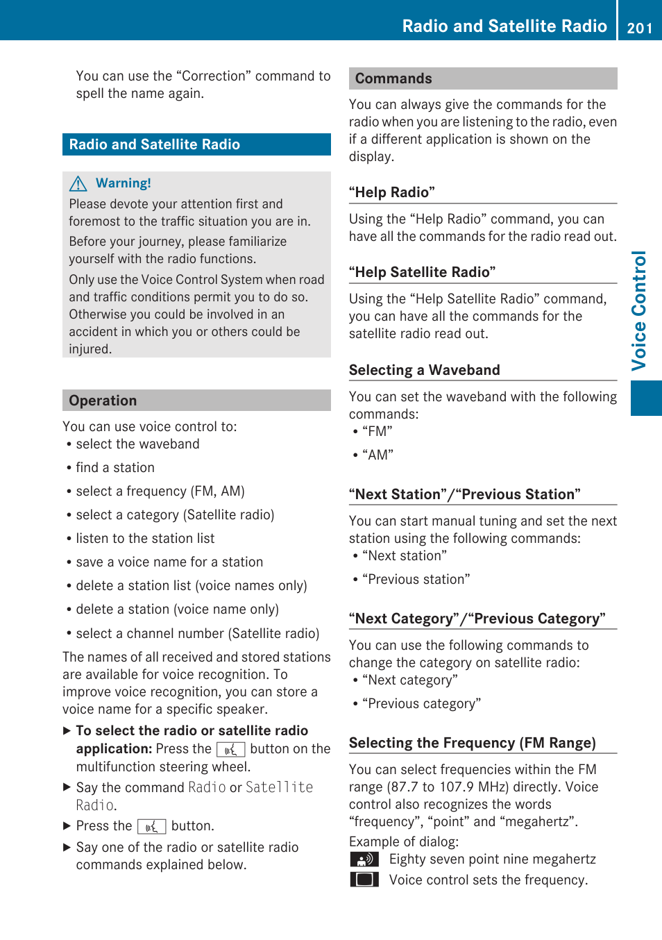 Radio and satellite radio, Operation, Commands | Voice control | Mercedes-Benz E-Coupe 2010 COMAND Manual User Manual | Page 203 / 224
