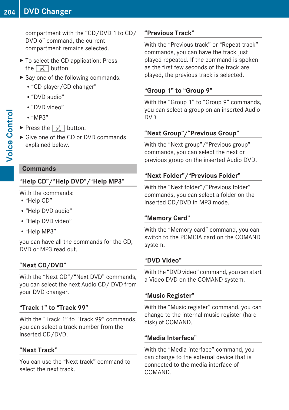 Commands, Voice control, Dvd changer | Mercedes-Benz E-Coupe 2010 COMAND Manual User Manual | Page 206 / 224