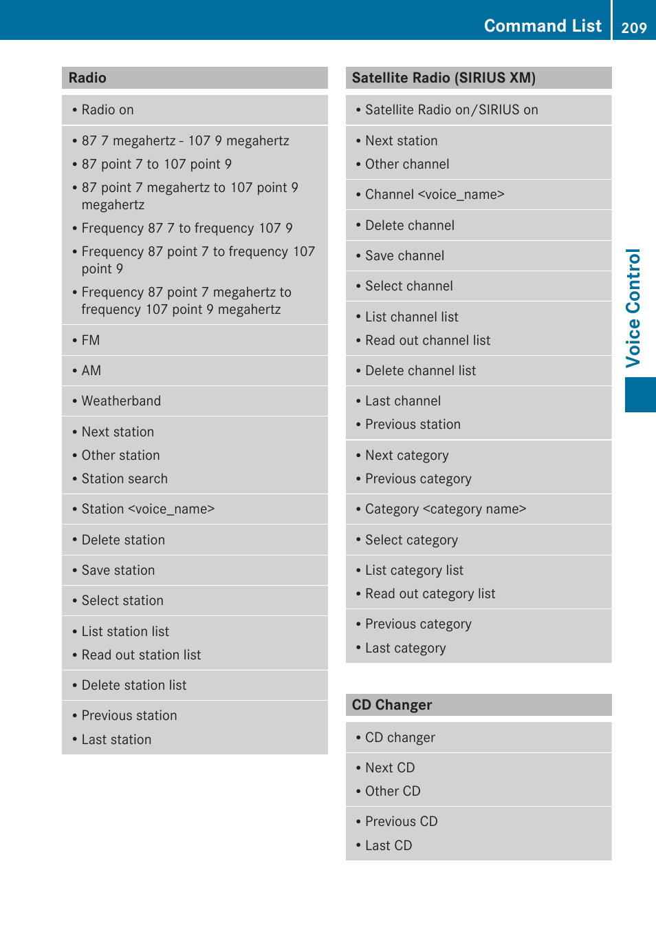 Radio, Satellite radio (sirius xm), Cd changer | Voice control, Command list | Mercedes-Benz E-Coupe 2010 COMAND Manual User Manual | Page 211 / 224