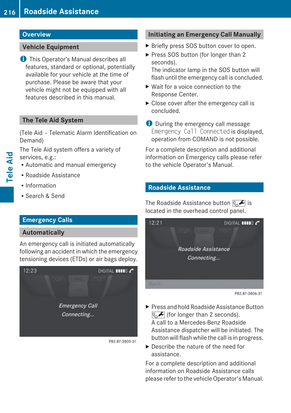 Tele aid, Overview, Vehicle equipment | The tele aid system, Emergency calls, Automatically, Initiating an emergency call manually, Roadside assistance | Mercedes-Benz E-Coupe 2010 COMAND Manual User Manual | Page 218 / 224