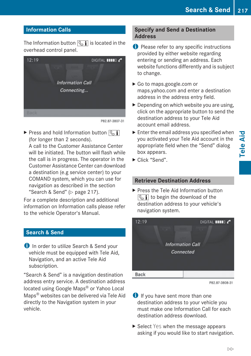 Information calls, Search & send, Specify and send a destination address | Retrieve destination address, Tele aid | Mercedes-Benz E-Coupe 2010 COMAND Manual User Manual | Page 219 / 224