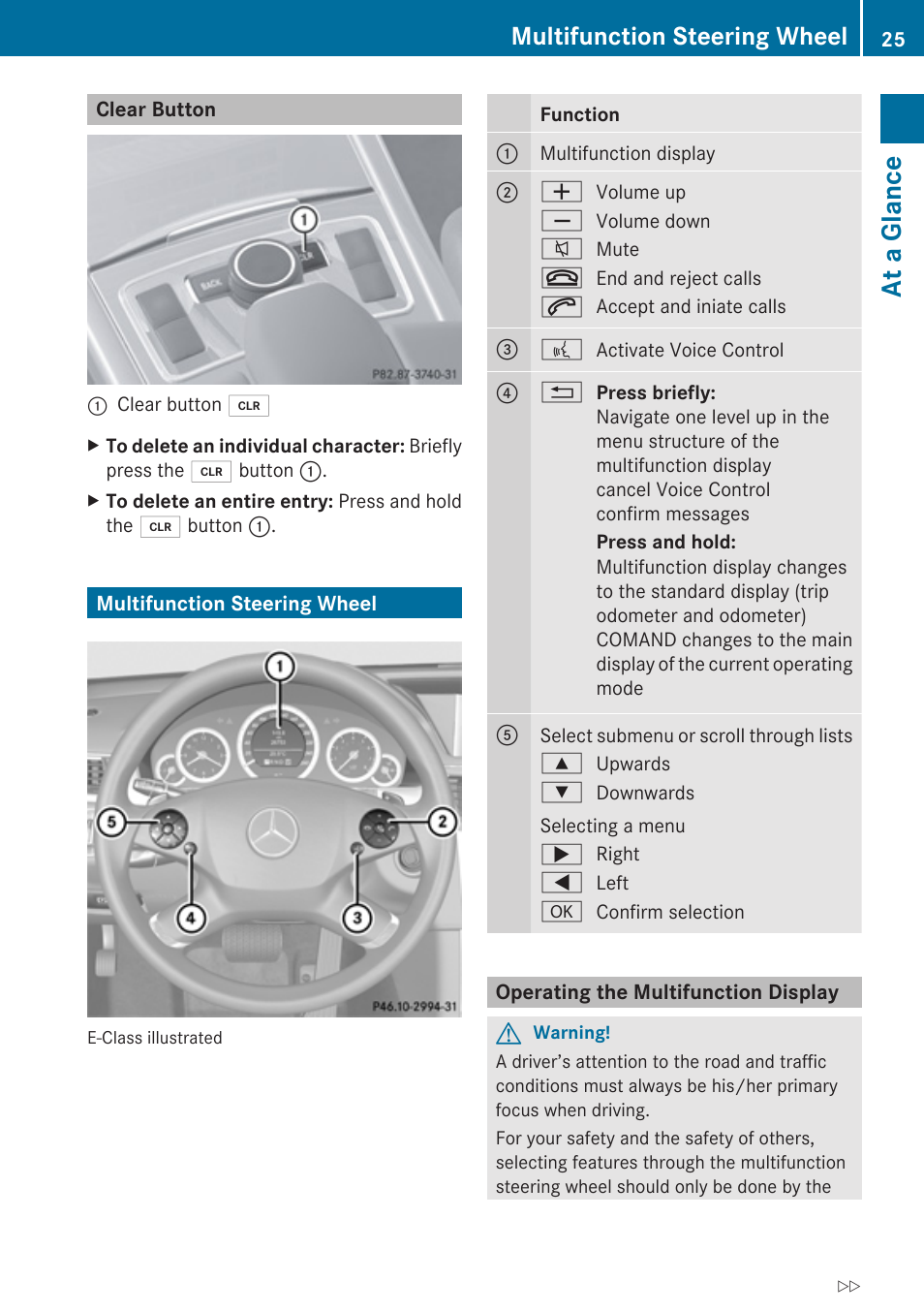 Clear button, Multifunction steering wheel, Operating the multifunction display | At a glance | Mercedes-Benz E-Coupe 2010 COMAND Manual User Manual | Page 27 / 224