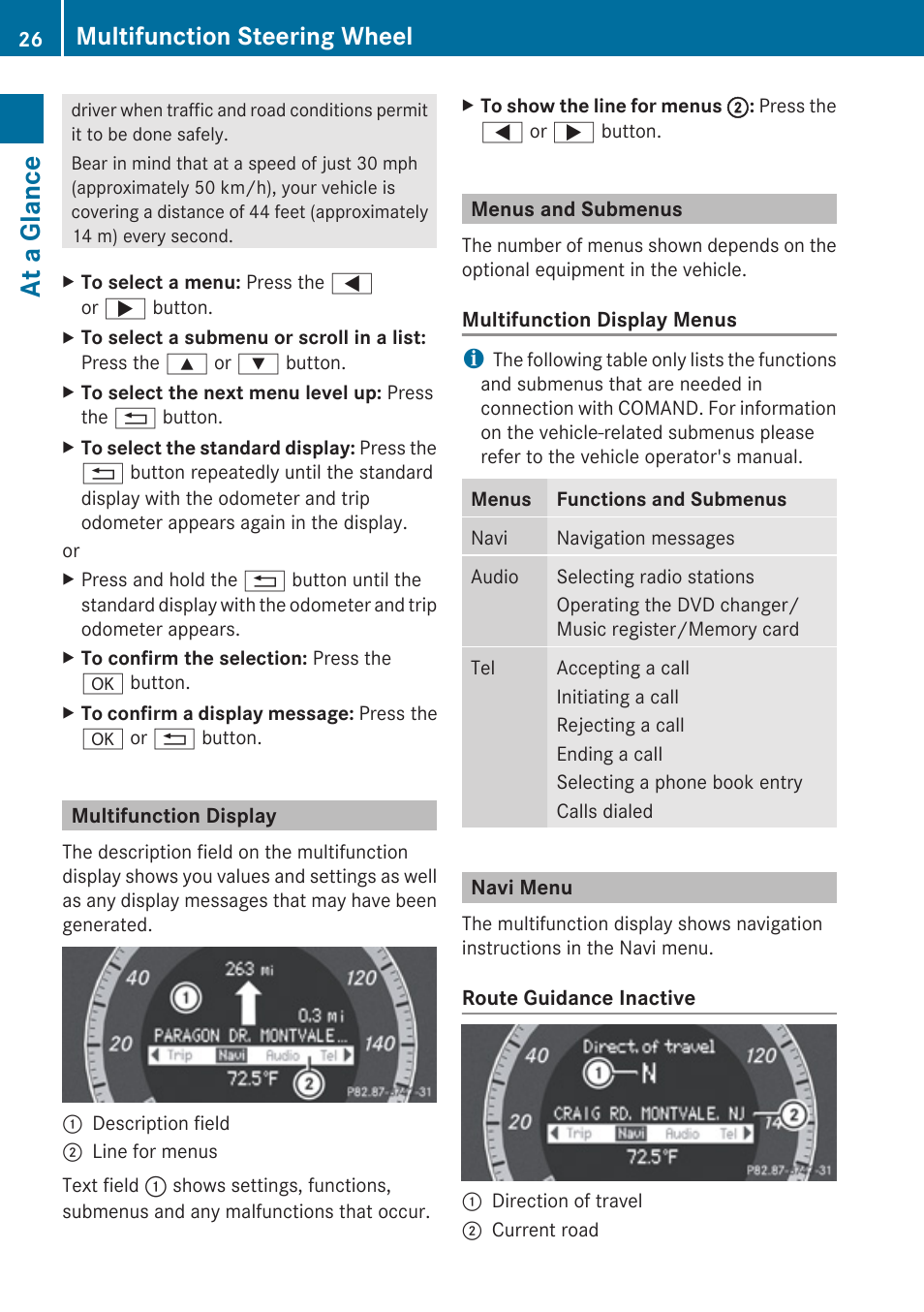 Multifunction display, Menus and submenus, Navi menu | At a glance, Multifunction steering wheel | Mercedes-Benz E-Coupe 2010 COMAND Manual User Manual | Page 28 / 224