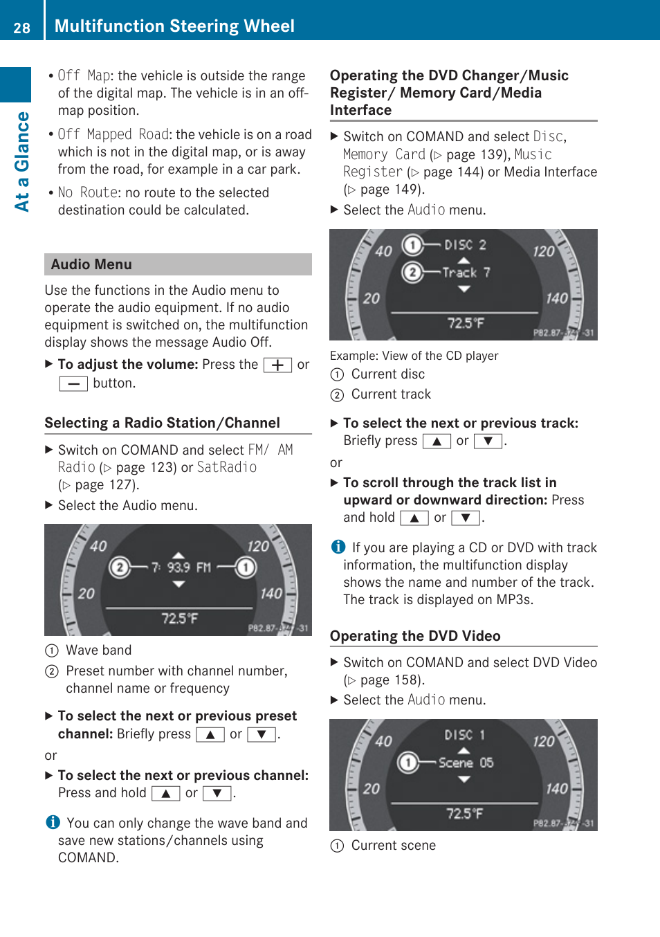 Audio menu, At a glance, Multifunction steering wheel | Mercedes-Benz E-Coupe 2010 COMAND Manual User Manual | Page 30 / 224