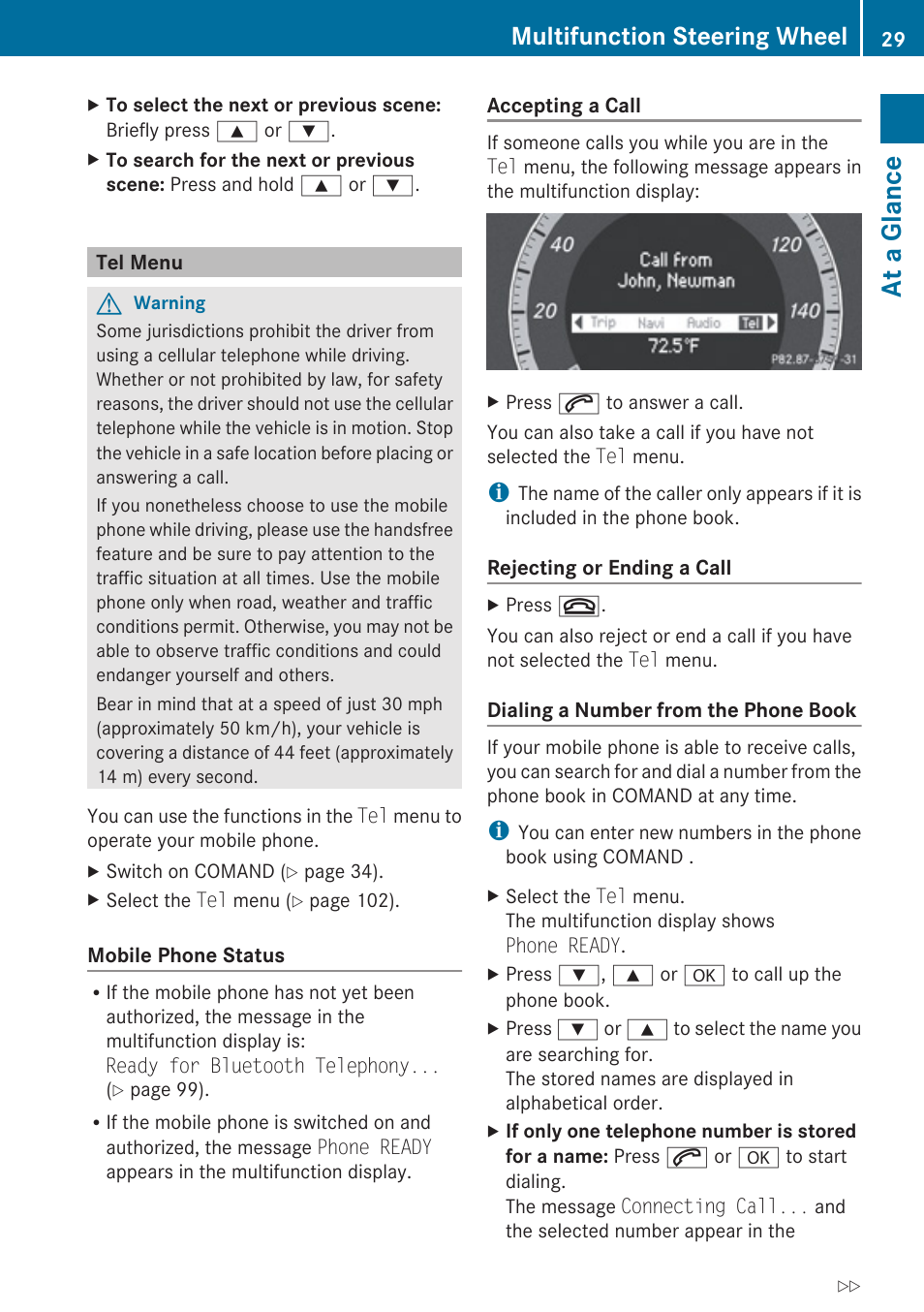 Tel menu, At a glance, Multifunction steering wheel | Mercedes-Benz E-Coupe 2010 COMAND Manual User Manual | Page 31 / 224