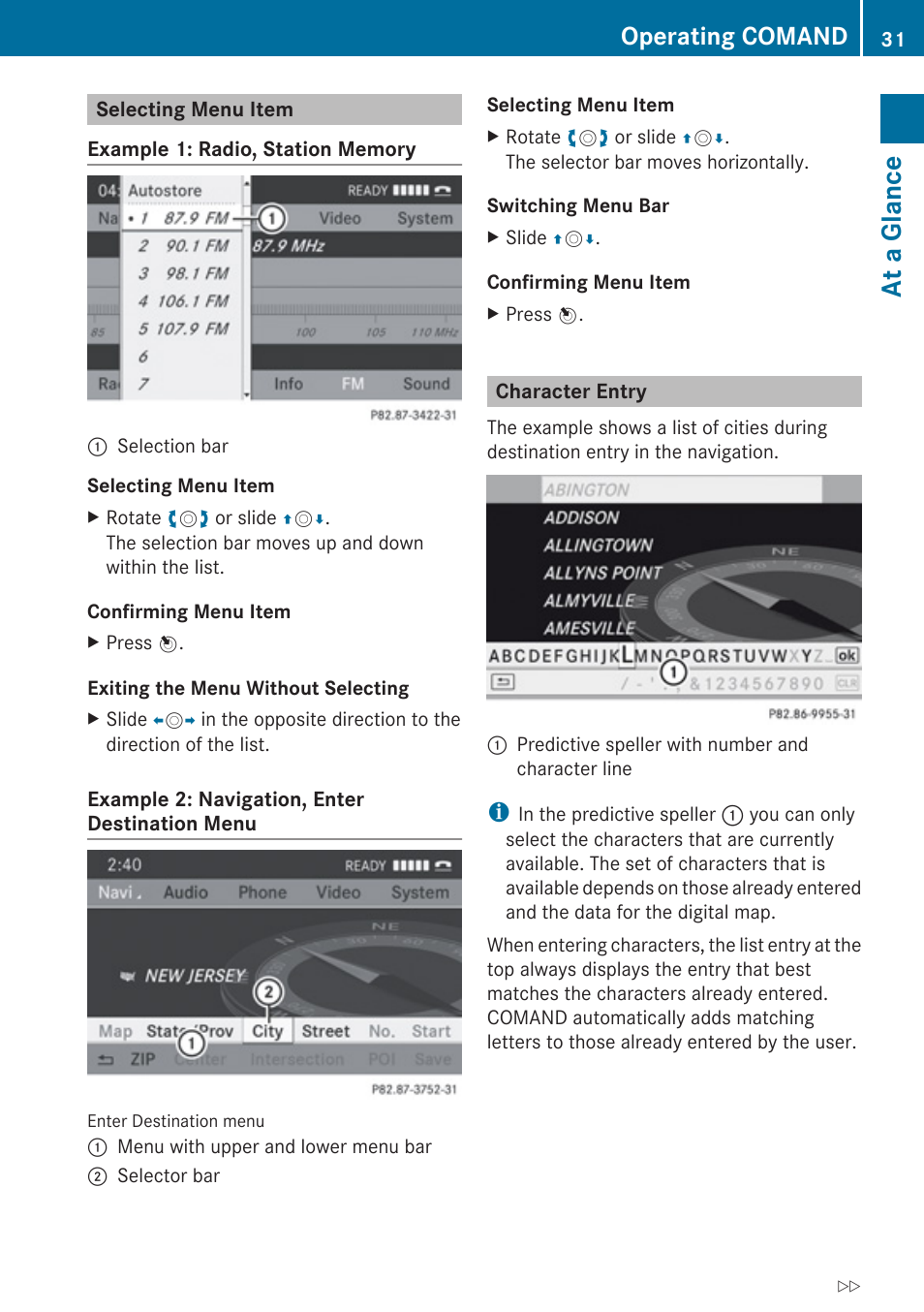 Selecting menu item, Character entry, At a glance | Operating comand | Mercedes-Benz E-Coupe 2010 COMAND Manual User Manual | Page 33 / 224