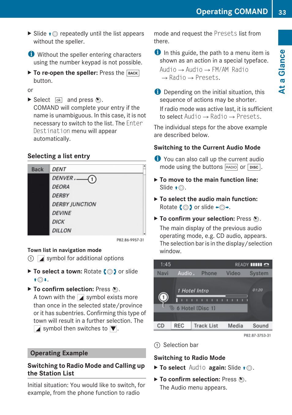 Operating example, At a glance, Operating comand | Mercedes-Benz E-Coupe 2010 COMAND Manual User Manual | Page 35 / 224