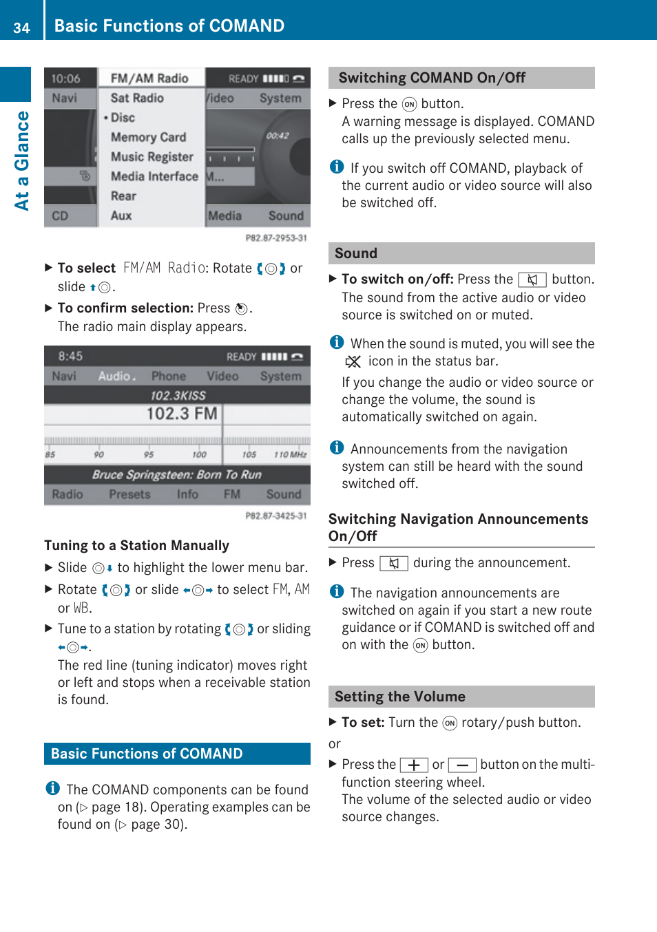 Basic functions of comand, Switching comand on/off, Sound | Setting the volume, Switch on comand, At a glance | Mercedes-Benz E-Coupe 2010 COMAND Manual User Manual | Page 36 / 224