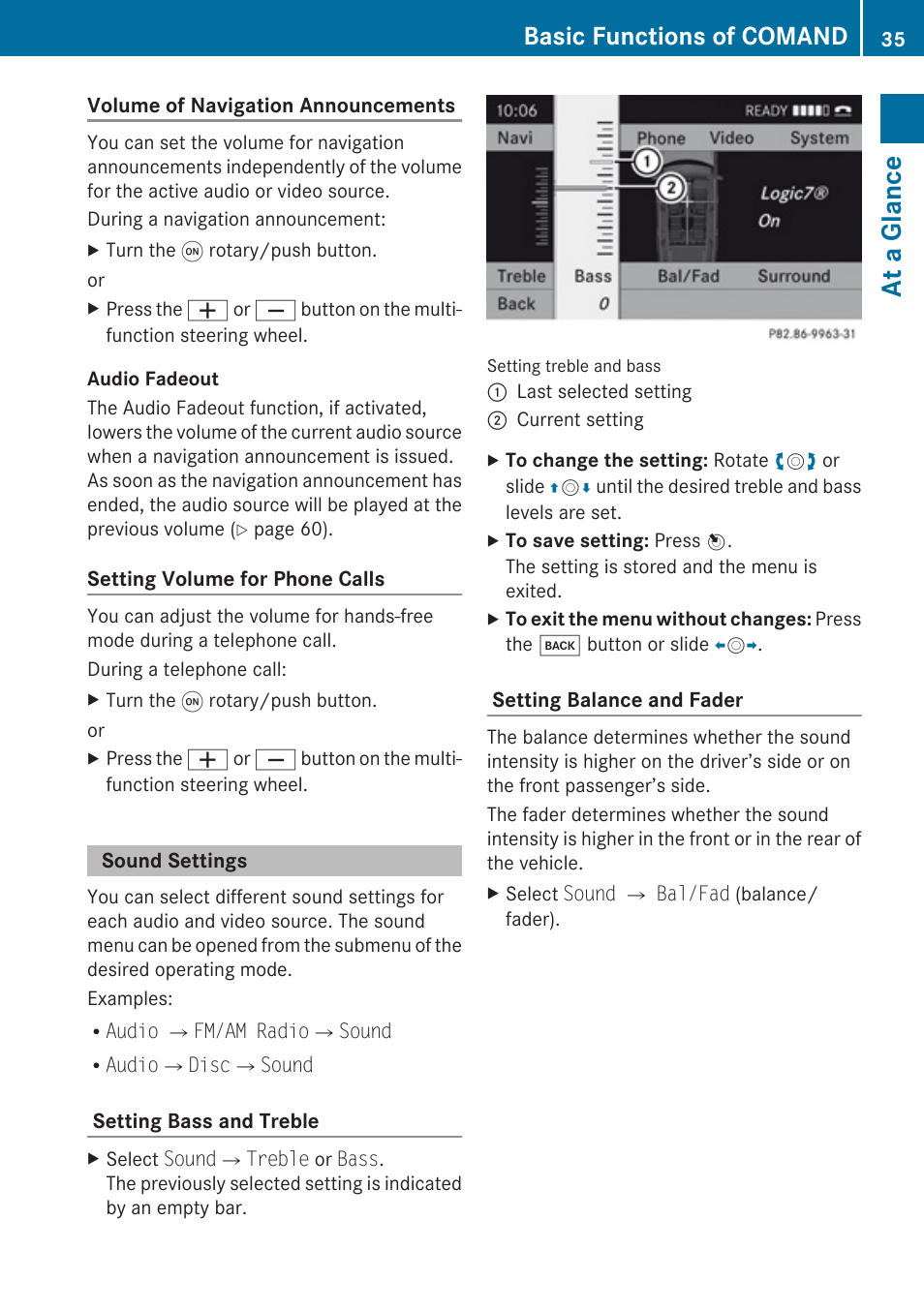 Sound settings, At a glance, Basic functions of comand | Mercedes-Benz E-Coupe 2010 COMAND Manual User Manual | Page 37 / 224