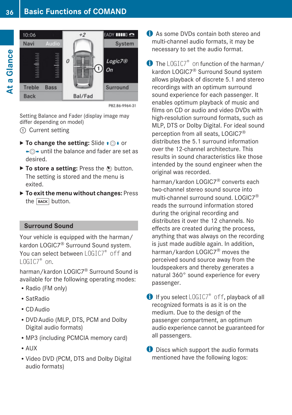 Surround sound, At a glance, Basic functions of comand | Mercedes-Benz E-Coupe 2010 COMAND Manual User Manual | Page 38 / 224