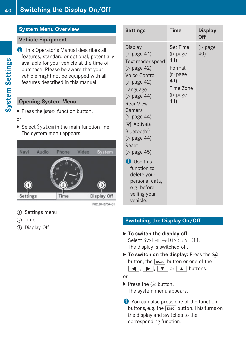 System settings, System menu overview, Vehicle equipment | Opening system menu, Switching the display on/off | Mercedes-Benz E-Coupe 2010 COMAND Manual User Manual | Page 42 / 224