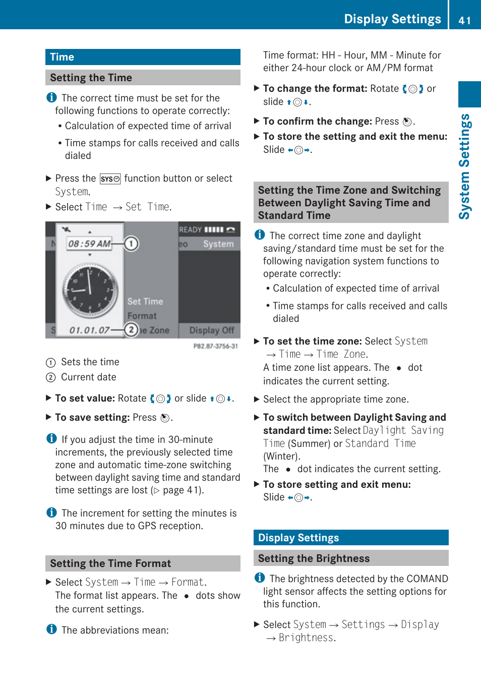 Time, Setting the time, Setting the time format | Display settings, Setting the brightness, System settings | Mercedes-Benz E-Coupe 2010 COMAND Manual User Manual | Page 43 / 224