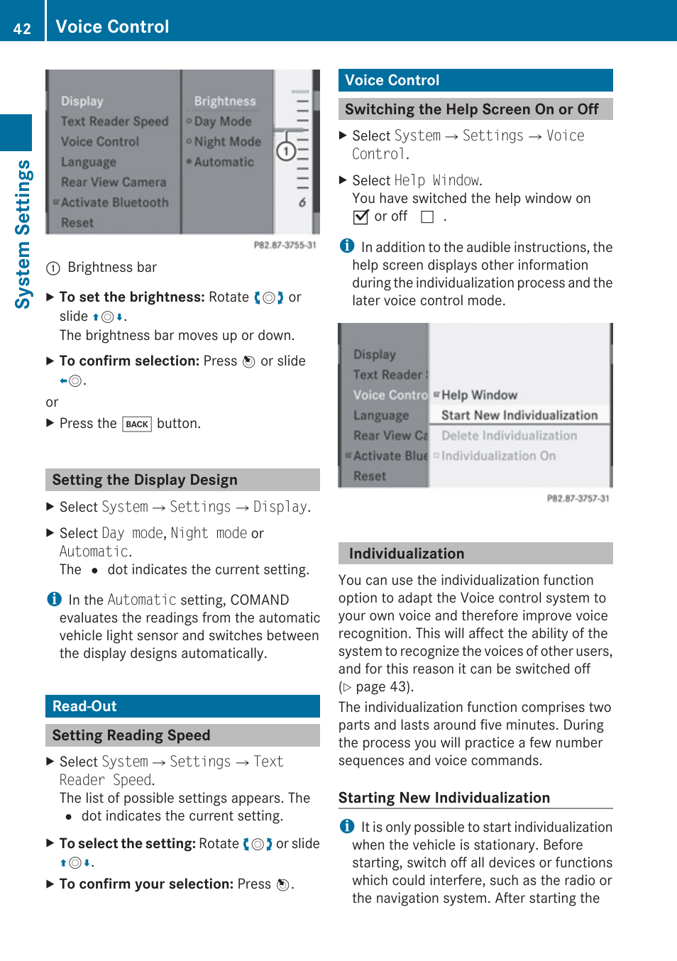 Setting the display design, Read-out, Setting reading speed | Voice control, Switching the help screen on or off, Individualization, System settings | Mercedes-Benz E-Coupe 2010 COMAND Manual User Manual | Page 44 / 224