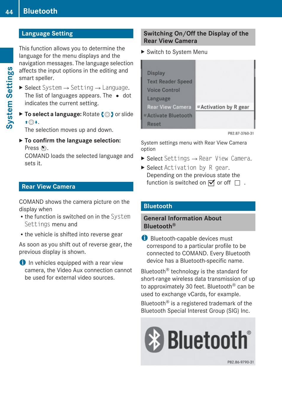 Language setting, Rear view camera, Bluetooth | General information about bluetooth, System settings | Mercedes-Benz E-Coupe 2010 COMAND Manual User Manual | Page 46 / 224