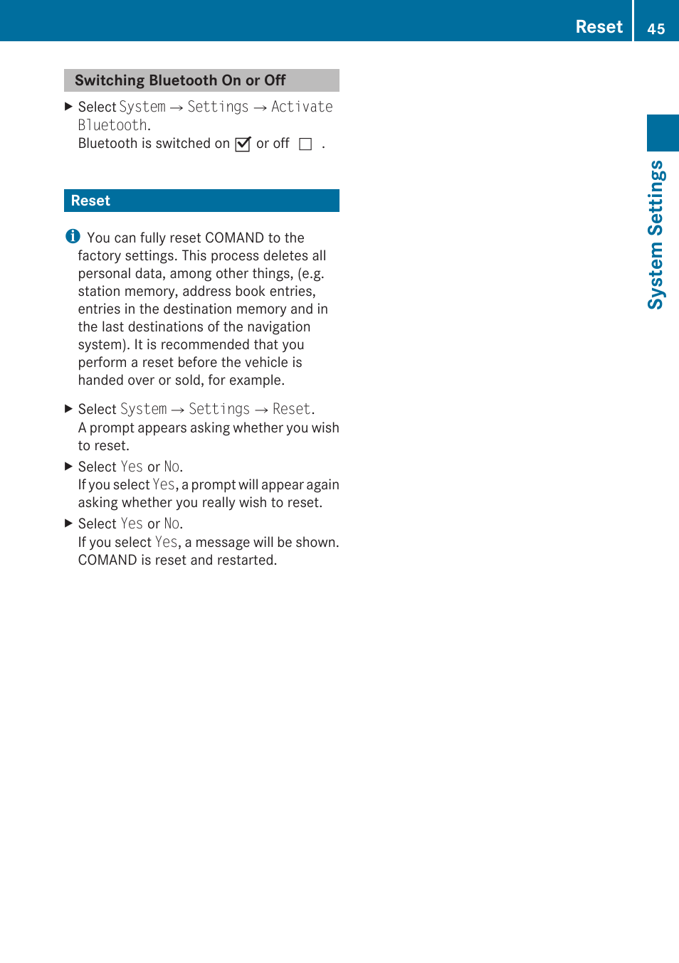 Switching bluetooth on or off, Reset, System settings | Mercedes-Benz E-Coupe 2010 COMAND Manual User Manual | Page 47 / 224